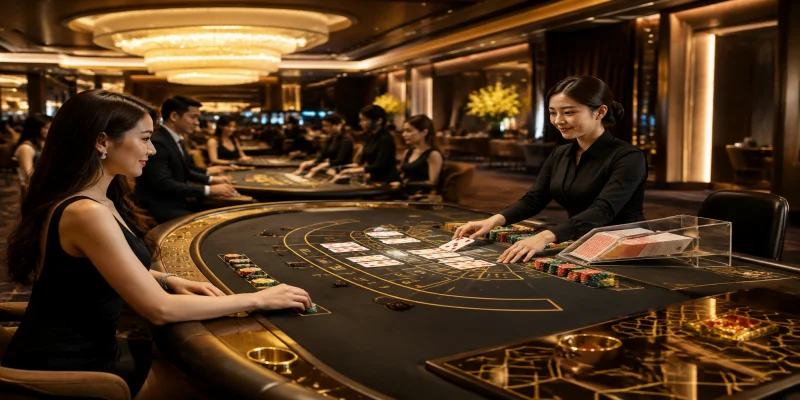 Giao diện sảnh casino j88 trực quan với các bàn chơi Baccarat và Roulette trực tiếp